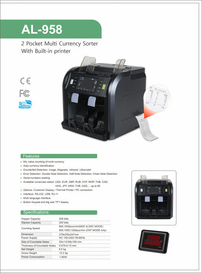 CRONY AL958 AL-958 Multi Currency Money Counter Cash Sorter Machine Banknote Counter with Fake Note Detection Money Counter