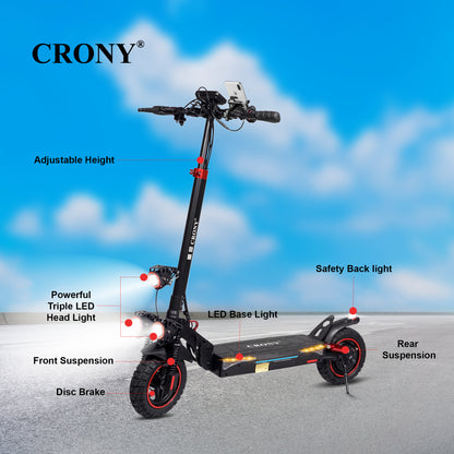 CRONY T4 Electric Scooter Big LCD Display With Seat 2000W Motor Smart App Control Triple LED Headlamps & Foldable Design with Smart Lock & Flashing Mode Front/Rear Suspension