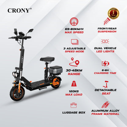 CRONY M5 Pro High-Speed Electric Scooter Up to 80 km/h, 10-Inch Wide Tires, Mobile Phone Holder, Bluetooth Speaker, Rear Luggage Box, Rearview Mirrors, Dual LED Headlamps, IPX4 Waterproof, App Connectivity