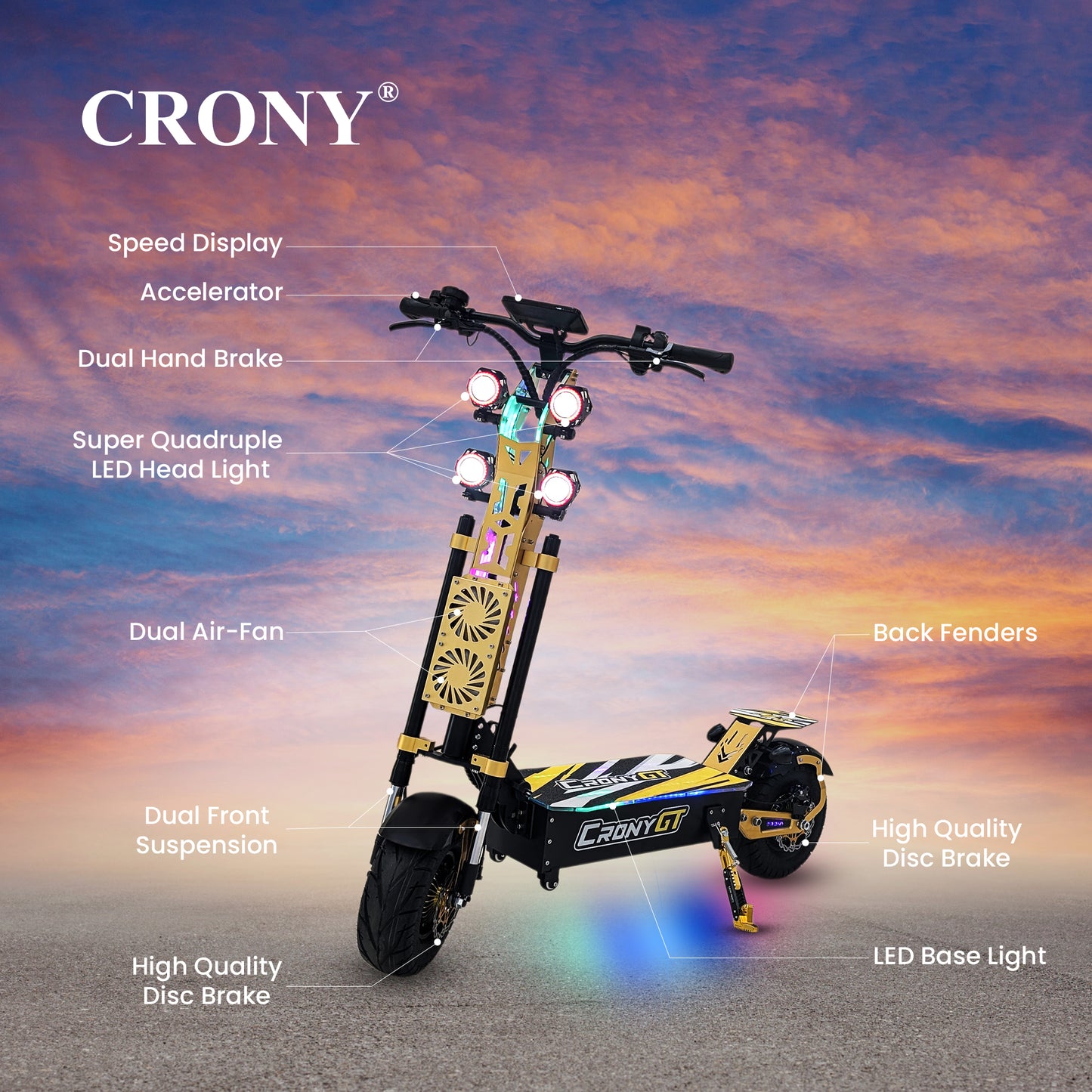 CRONY GT-13 GT13 Electric Scooter 5000Wx2 Motors 75V/31.2AH Battery 65-90KM Range Disc Brakes Front/Rear Suspension High configuration E-Scooter