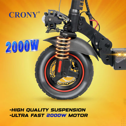 CRONY T4 Electric Scooter Big LCD Display With Seat 2000W Motor Smart App Control Triple LED Headlamps & Foldable Design with Smart Lock & Flashing Mode Front/Rear Suspension