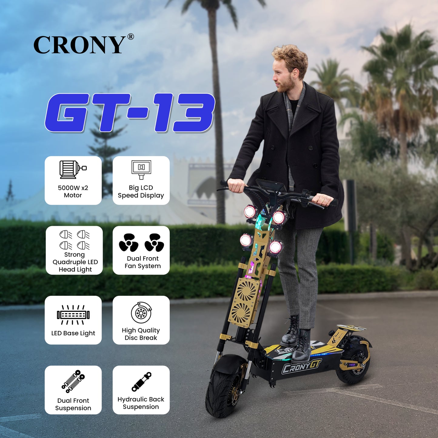 CRONY GT-13 GT13 Electric Scooter 5000Wx2 Motors 75V/31.2AH Battery 65-90KM Range Disc Brakes Front/Rear Suspension High configuration E-Scooter