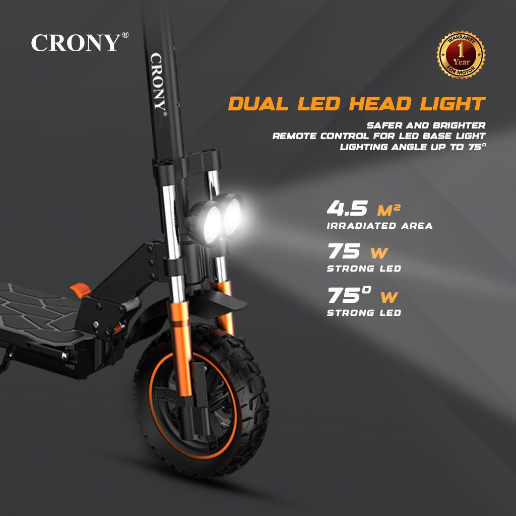 CRONY M5 Pro High-Speed Electric Scooter Up to 80 km/h, 10-Inch Wide Tires, Mobile Phone Holder, Bluetooth Speaker, Rear Luggage Box, Rearview Mirrors, Dual LED Headlamps, IPX4 Waterproof, App Connectivity