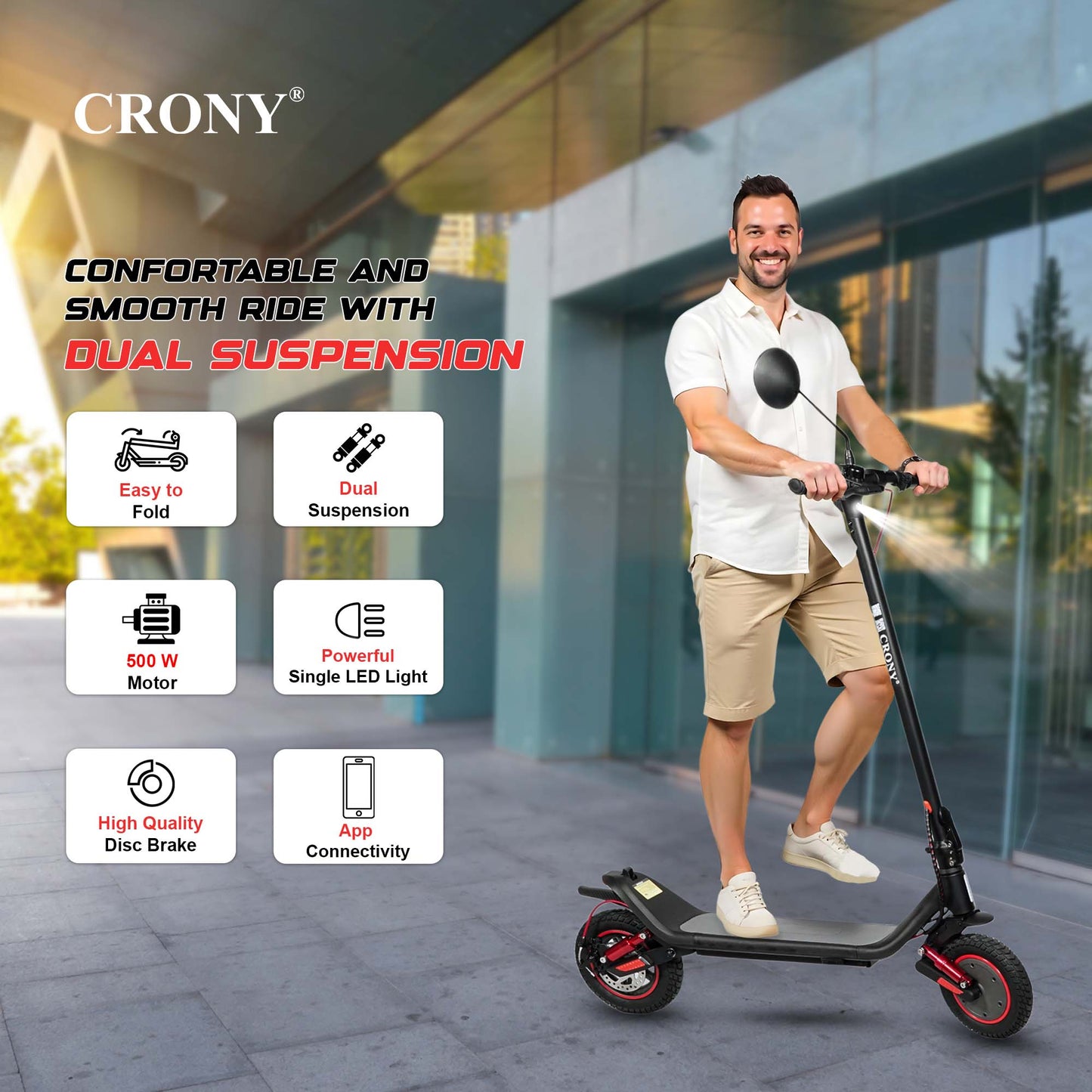 سكوتر كهربائي CRONY M365 MAX بتعليق مزدوج، محرك 500 واط، بطارية 36 فولت/10 أمبير في الساعة، مدى 20-30 كم، فرامل قرصية خلفية، تعليق أمامي/خلفي
