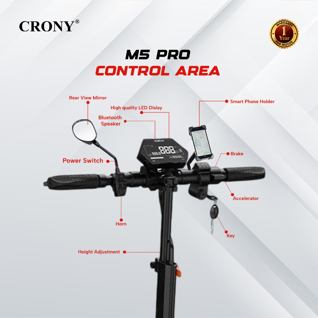 CRONY M5 Pro High-Speed Electric Scooter Up to 80 km/h, 10-Inch Wide Tires, Mobile Phone Holder, Bluetooth Speaker, Rear Luggage Box, Rearview Mirrors, Dual LED Headlamps, IPX4 Waterproof, App Connectivity