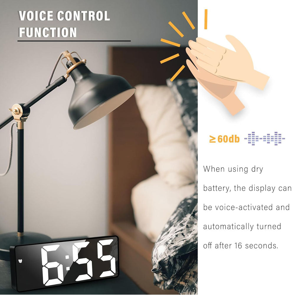 CRONY GH0712 White Electronic Clock Digital Alarm Clock LED Digital Alarm Clock Mirror Table Clock USB Cable Alarm Clock End Alarm 12/24 Hours Snooze Voice Control Temperature Display