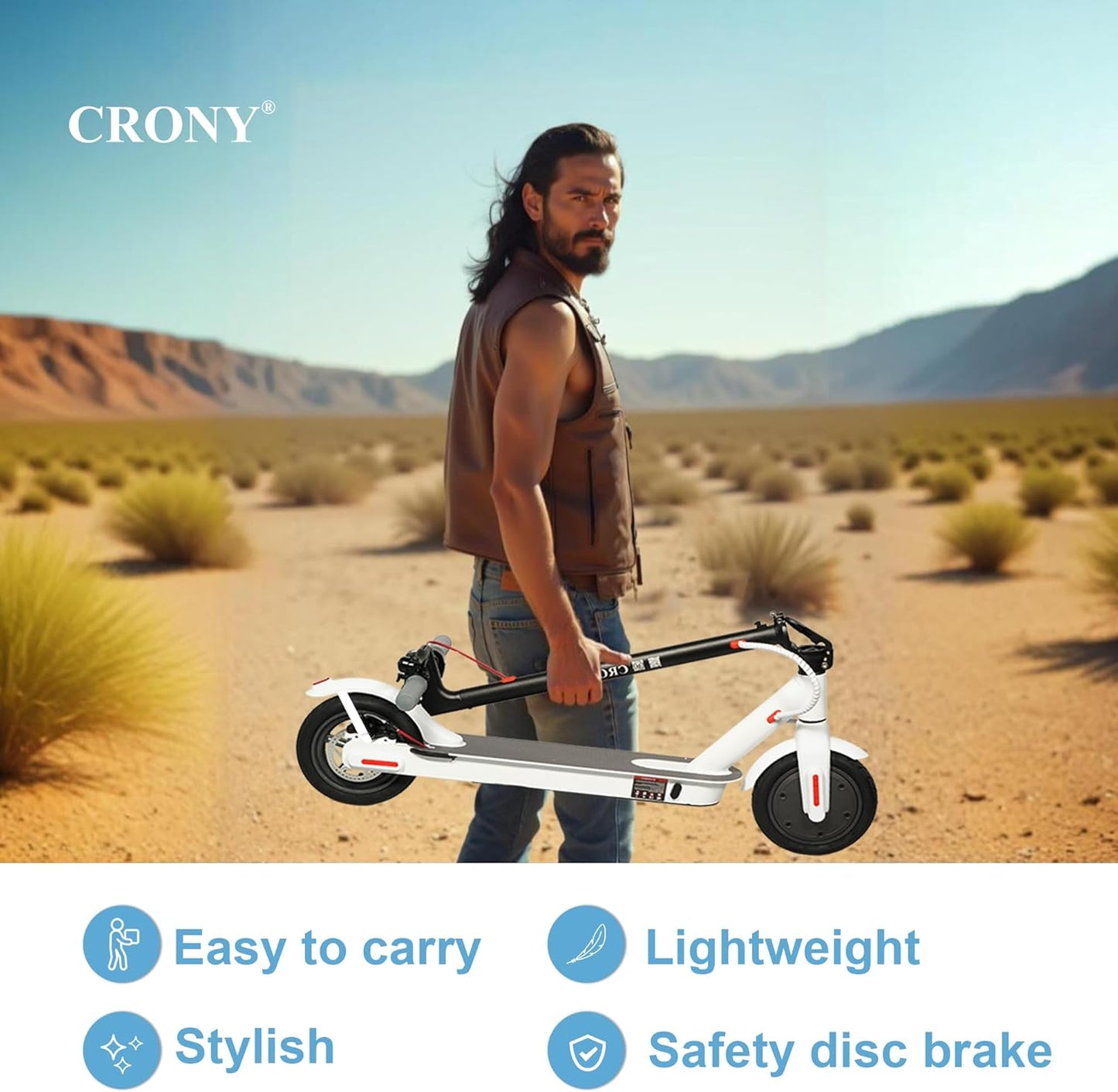 سكوتر كهربائي CRONY M365 بمحرك 250 واط، بطارية 36 فولت، اتصال بالتطبيق، سرعة من 25 إلى 45 كم/س، طي سريع وسهل، فرامل قرصية خلفية | أبيض