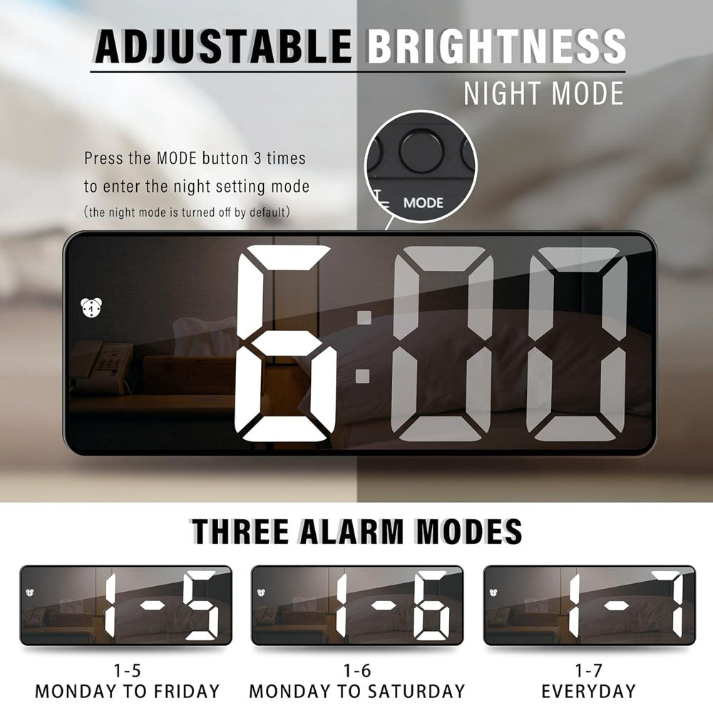 CRONY GH0712 White Electronic Clock Digital Alarm Clock LED Digital Alarm Clock Mirror Table Clock USB Cable Alarm Clock End Alarm 12/24 Hours Snooze Voice Control Temperature Display