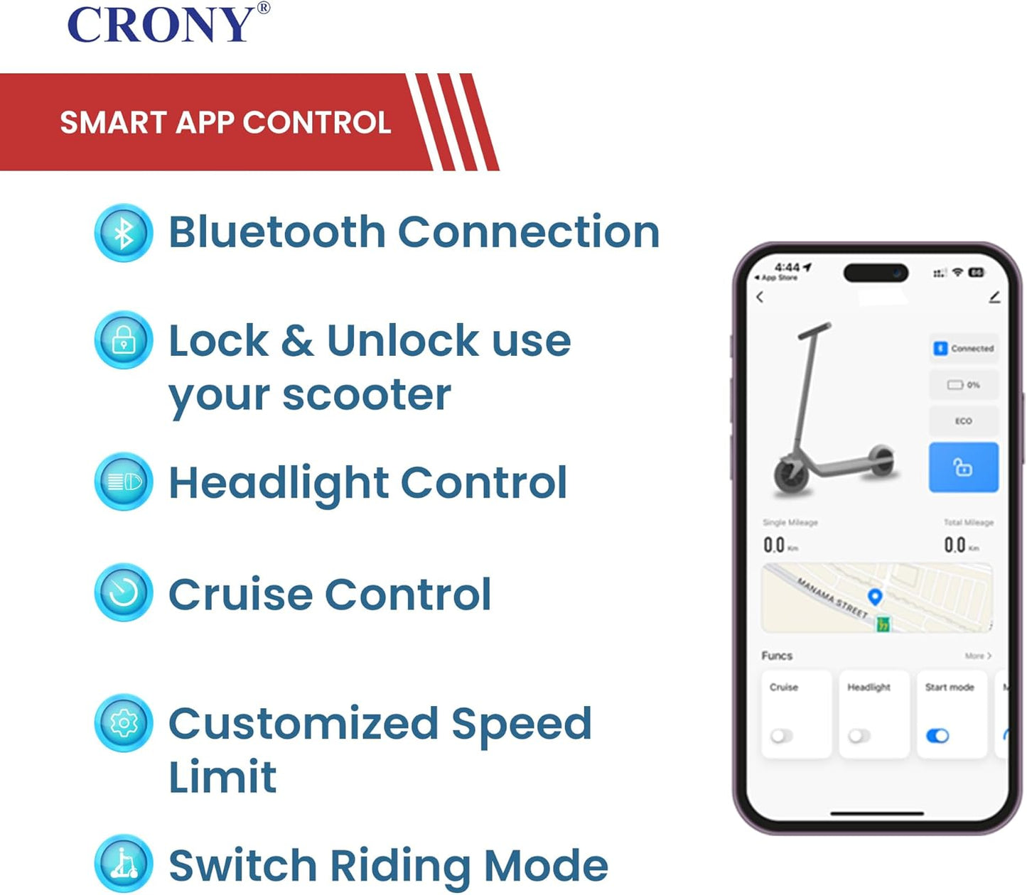 سكوتر كهربائي CRONY M365 بمحرك 250 واط، بطارية 36 فولت، اتصال بالتطبيق، سرعة من 25 إلى 45 كم/س، طي سريع وسهل، فرامل قرصية خلفية | أبيض