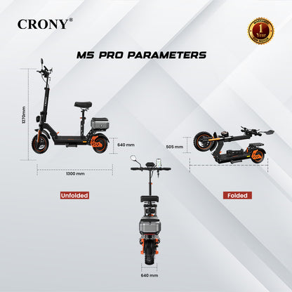 CRONY M5 Pro High-Speed Electric Scooter Up to 80 km/h, 10-Inch Wide Tires, Mobile Phone Holder, Bluetooth Speaker, Rear Luggage Box, Rearview Mirrors, Dual LED Headlamps, IPX4 Waterproof, App Connectivity