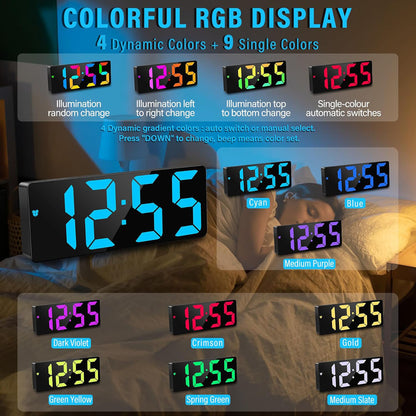 CRONY GH0732 Colours Electronic Clock Digital Alarm Clock RGB  Colorful LED Bedside Alarm Clocks Snooze Date Time Display Color Change Big Digit Brightness Adjustable USB&Battery Powered