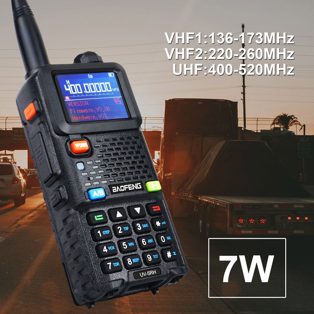 Baofeng UV-5RH 7W VHF UHF 136-174MHz 220-260MHz 400-520MHz Tri-Bands 999Ch Frequency Search Weather Forecast FM Walkie Talkie