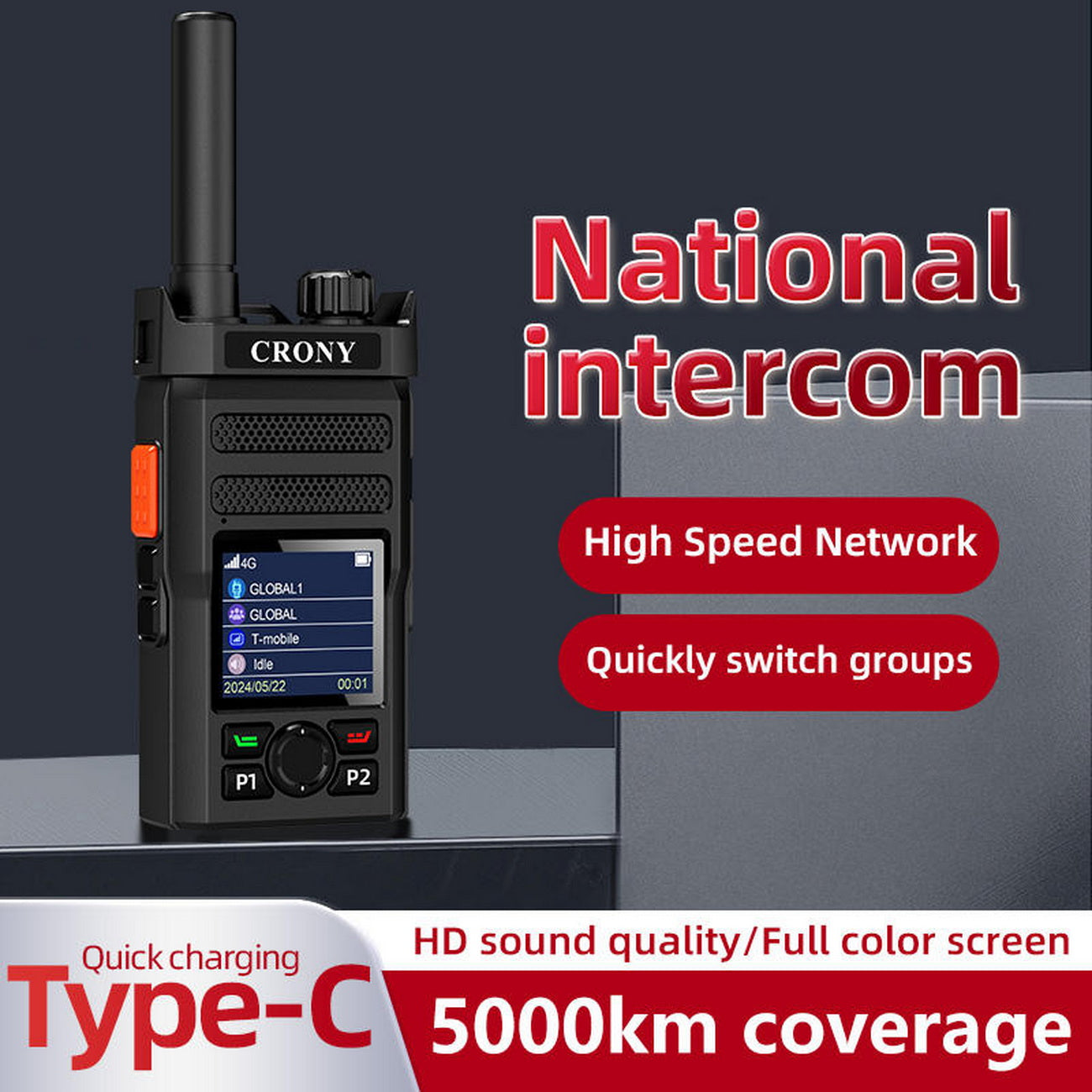 CRONY CY-C9 4G WIFI Long Range Walkie Talkie Portable Two Way Radio with 6000mAh Battery TypeC Charging