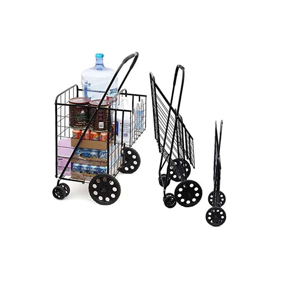 CRONY Double basket large shopping cart Foldable Wheeled Compact Portable Luggage Cart Metal Foldable Supermarket Trolley Folding Shopping Cart
