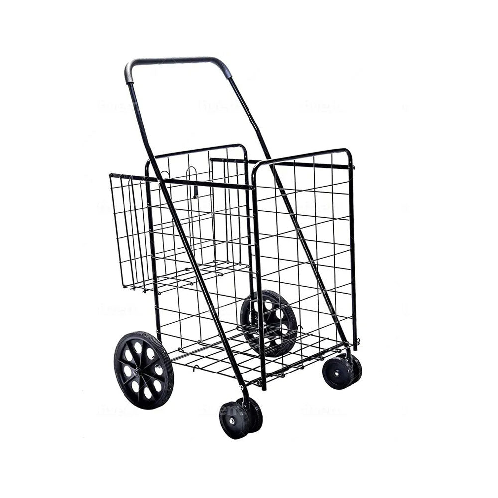 CRONY Double basket large shopping cart Foldable Wheeled Compact Portable Luggage Cart Metal Foldable Supermarket Trolley Folding Shopping Cart