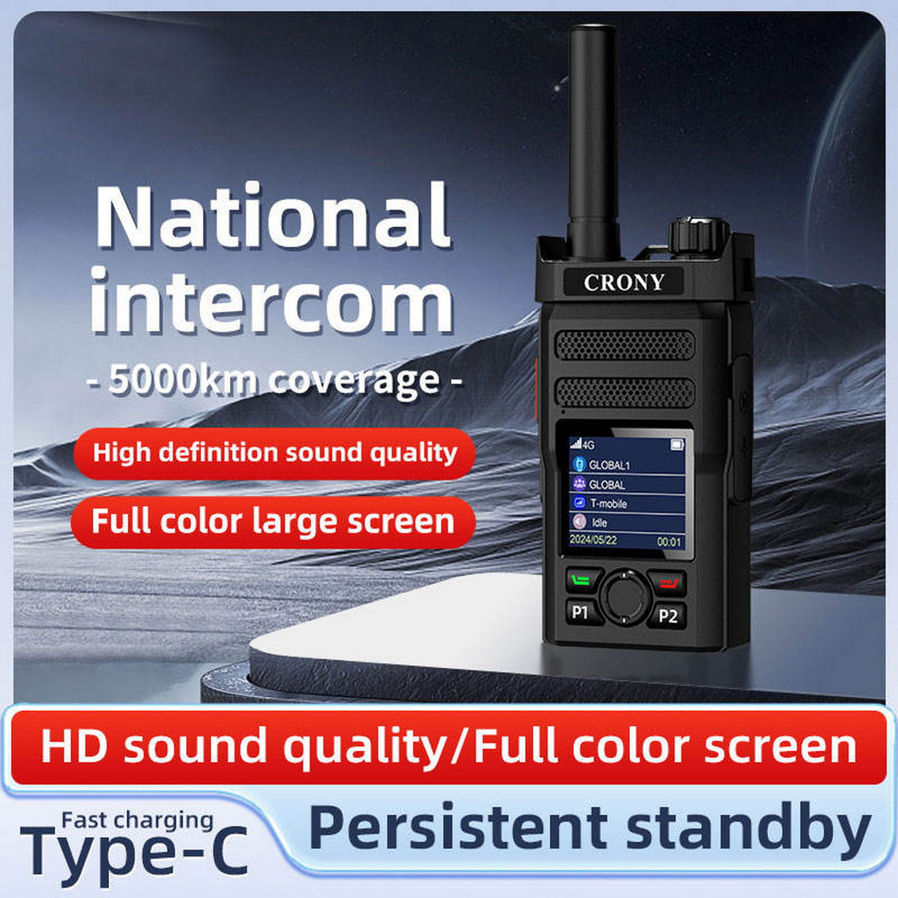 CRONY CY-C9 4G WIFI Long Range Walkie Talkie Portable Two Way Radio with 6000mAh Battery TypeC Charging