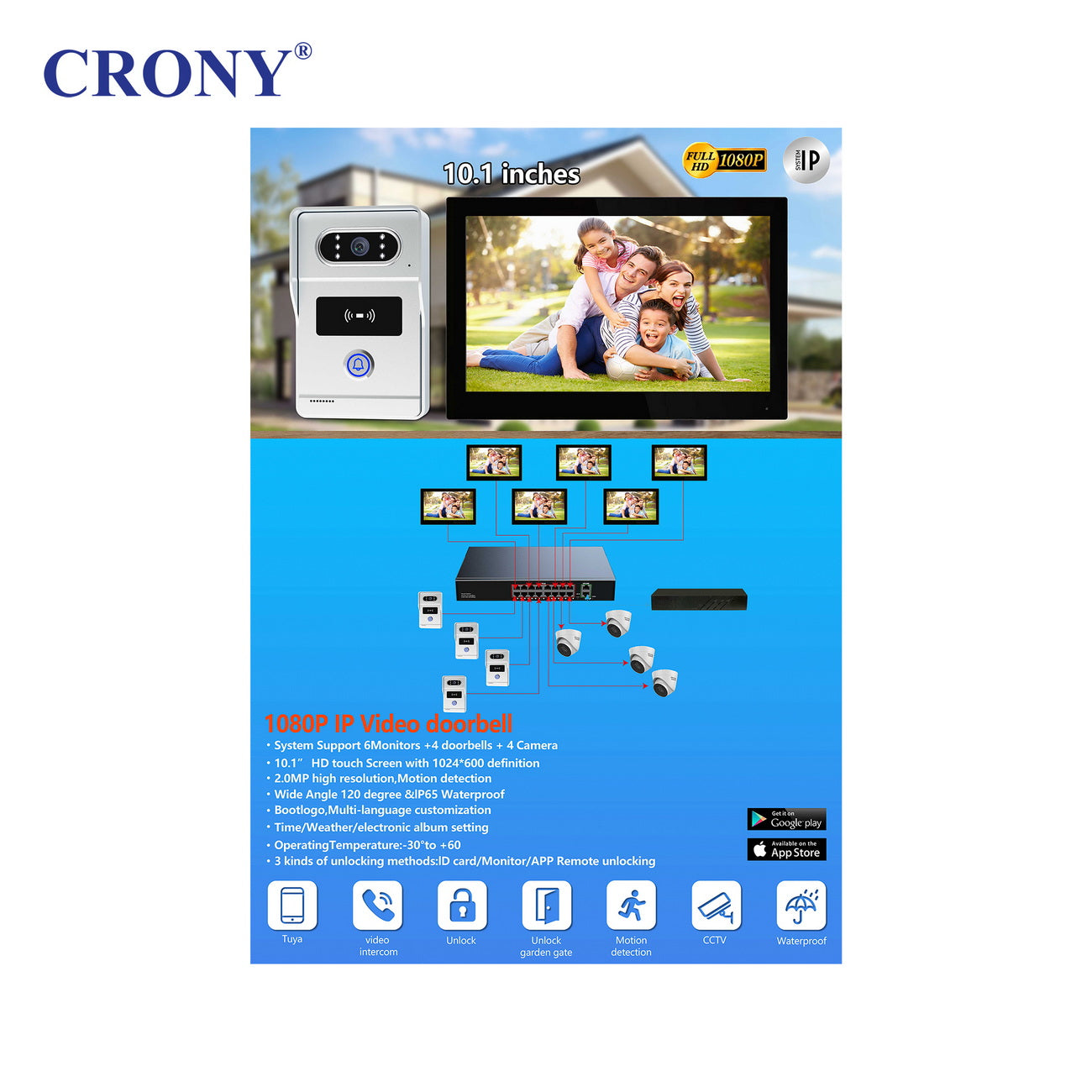 نظام جرس الباب بالفيديو CRONY TUYATY102THTD2 بشاشة لمس 10 بوصة AHD سلكي مع كاميرا 1080P تحكم ذكي عبر التطبيق كشف الحركة فتح عن بُعد رؤية ليلية دعم بطاقة TF