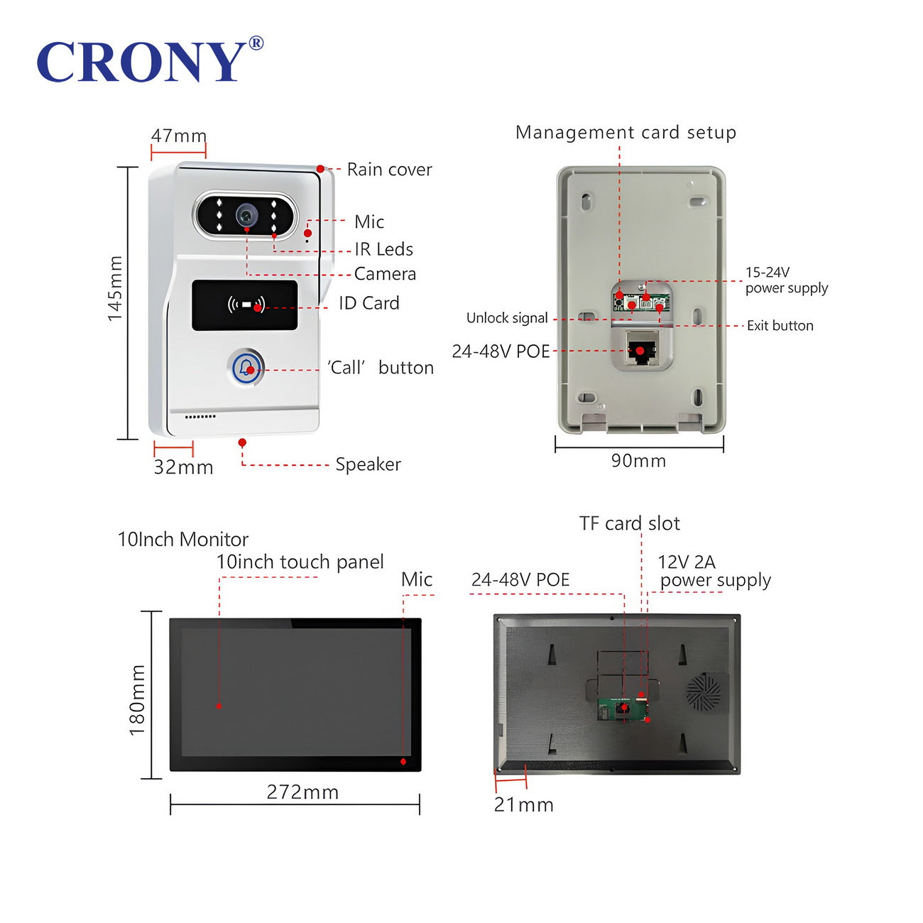 نظام جرس الباب بالفيديو CRONY TUYATY102THTD2 بشاشة لمس 10 بوصة AHD سلكي مع كاميرا 1080P تحكم ذكي عبر التطبيق كشف الحركة فتح عن بُعد رؤية ليلية دعم بطاقة TF