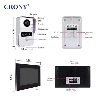 CRONY TUYATY75T-HTD2 7inch AHD Wires Video doorphone 7 Inch Monitor 2MP Camera WiFi Waterproof Two Way Audio Night Vision