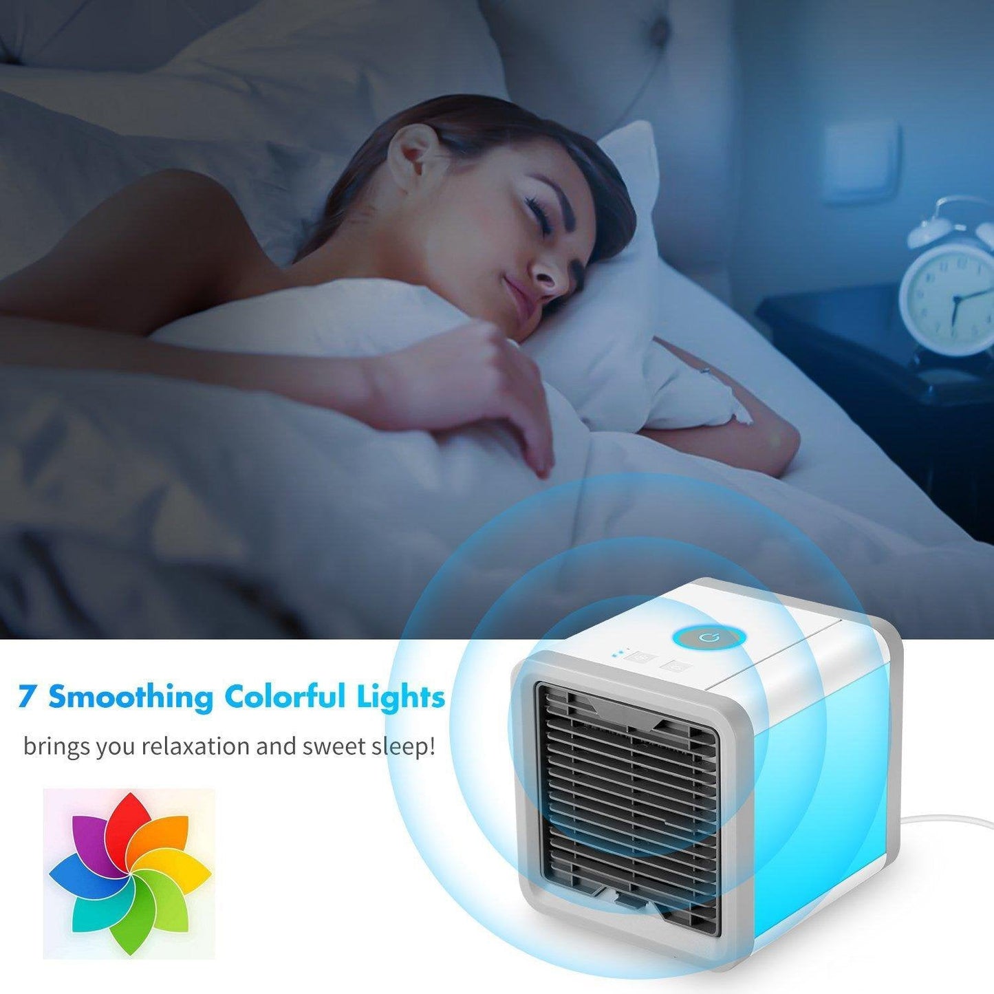 COMLIFE 3 في 1 مبرد هواء مساحة شخصية، مرطب ومنقي، مروحة مكيف هواء سطح المكتب مع 3 سرعات و7 ألوان إضاءة ليلية LED