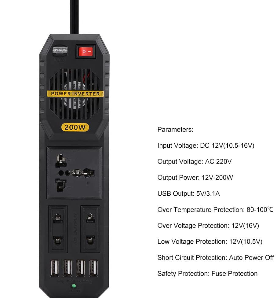 CRONY 200W Inverter with 4 USB DC 12V to AC 220V Car Power Inverter with 4 USB Port Cigarette Lighter - Edragonmall.com