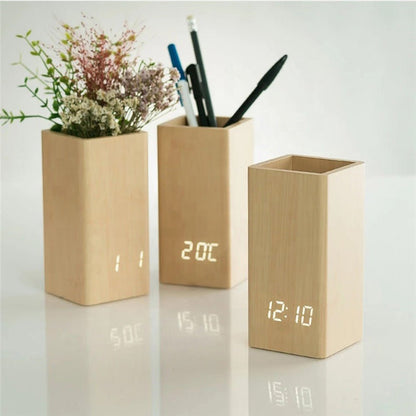 كروني 2020 ساعة تنسيق الزهور خشبية رقمية درجة الحرارة حامل قلم ساعة منبه للهدايا
