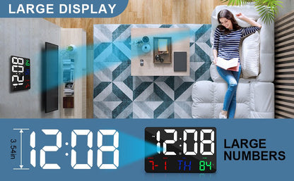 ساعة حائط رقمية من CRONY 717 بكلمات بيضاء، شاشة عرض كبيرة، تقويم رقمي 11.4 بوصة، ساعة منبه للنهار مع جهاز تحكم عن بعد لاسلكي