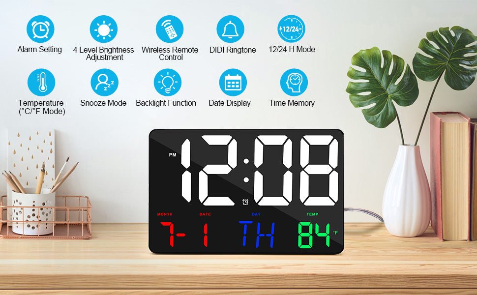 ساعة حائط رقمية من CRONY 717 بكلمات بيضاء، شاشة عرض كبيرة، تقويم رقمي 11.4 بوصة، ساعة منبه للنهار مع جهاز تحكم عن بعد لاسلكي