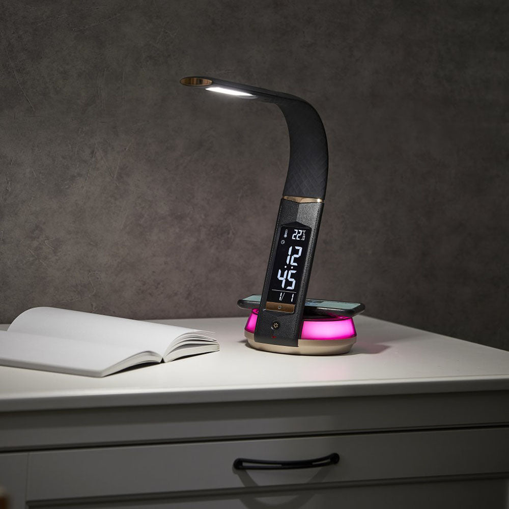 CRONY B22D Table Lamp with wirelese charge-night light Clock LED desk lamp table lamp wireless charger leather look with wireless QI integrated clock - Edragonmall.com