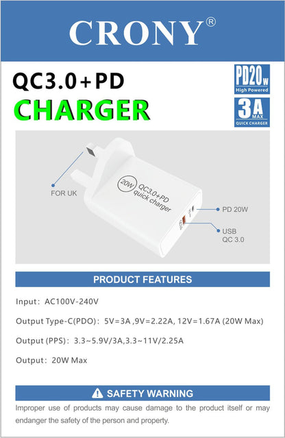 CRONY CR-004 PD20W+QC3.0 Fast Charger - Edragonmall.com