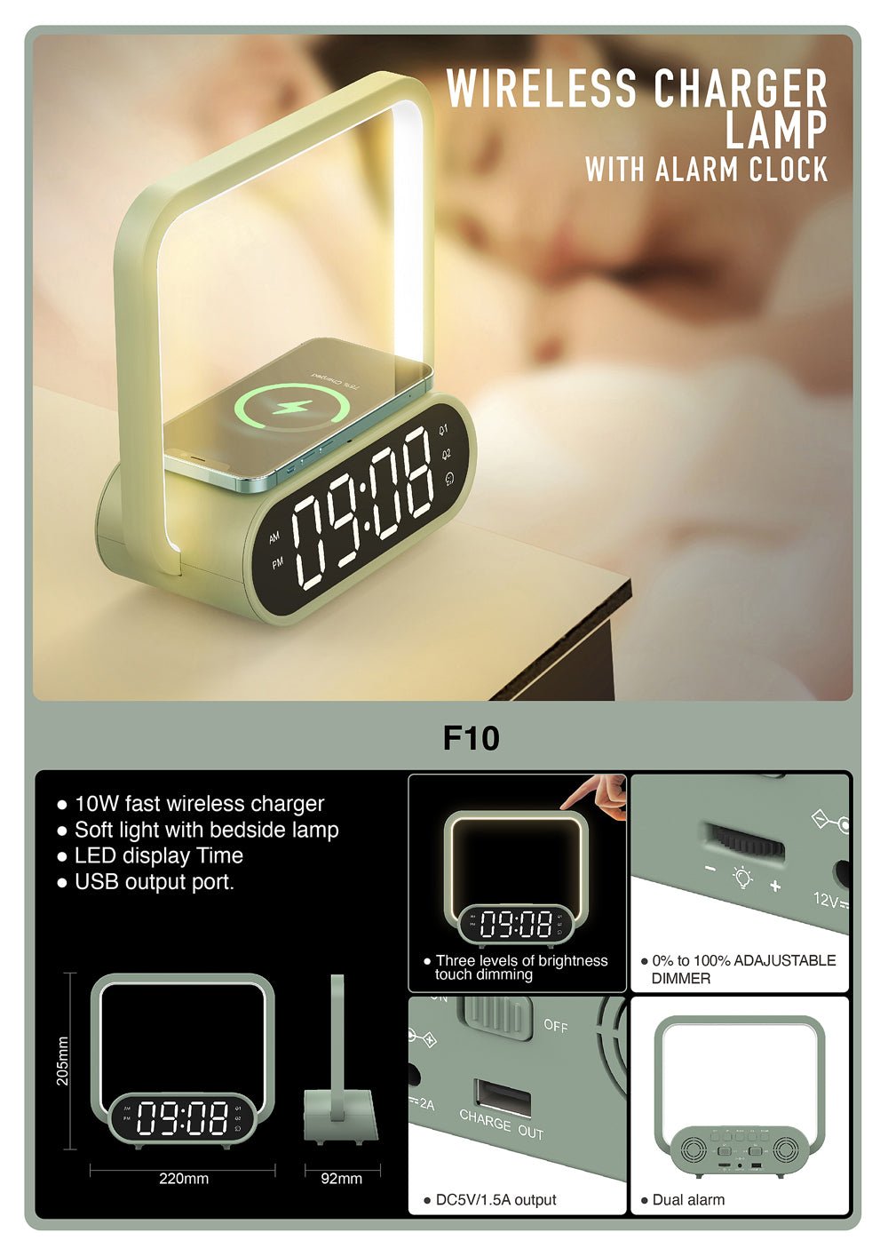 CRONY F10 Wireless Charging Desk Lamp with Alarm Clock Touch Desk dimmable LED digital alarm clock light for Home Office - Edragonmall.com