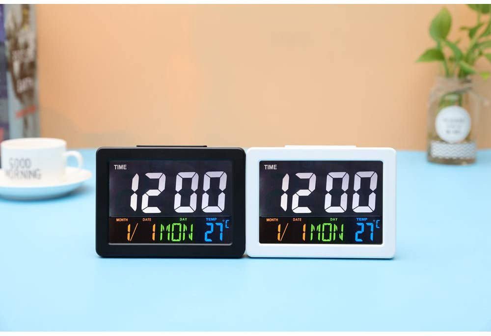 CRONY GH-2000 ساعة إلكترونية ملونة بجانب السرير، منبه LED بشاشة كبيرة مع التاريخ ودرجة الحرارة | أبيض