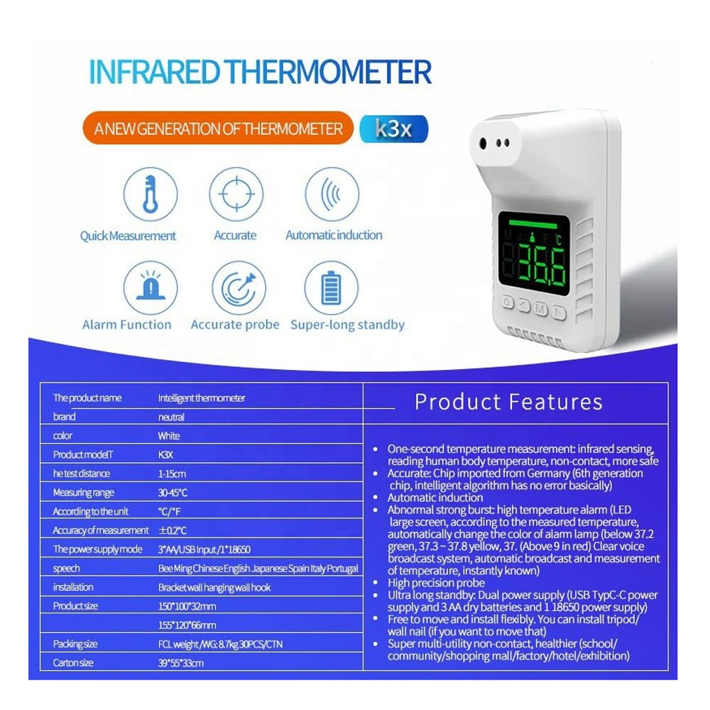 CRONY K3X Automatic sensing wall thermometer Non-contact Infrared Thermometer Automatic Digital Temperature Measurement Fever LCD - Edragonmall.com