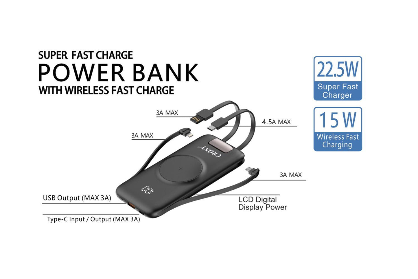 CRONY P2 Super fast charge + Wireless fast charge Comes with 4-wire QC3.0+PD+15W wireless charging 20000mAh power bank - Edragonmall.com