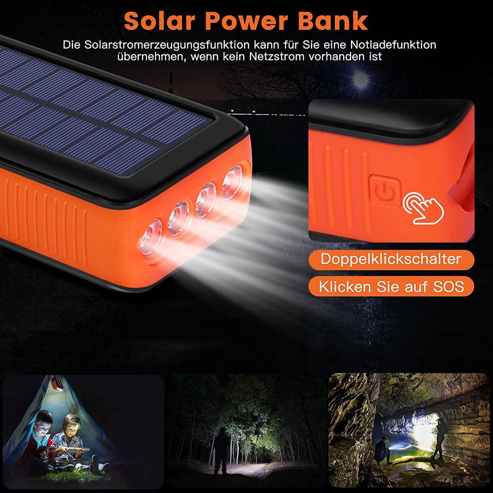 PSOOO PS-618 Hand-cranked Solar Power Bank 30000mAh External Battery Pack  Portable Charger with Micro+Type-C+Lightning Cables - Black / Orange  Wholesale
