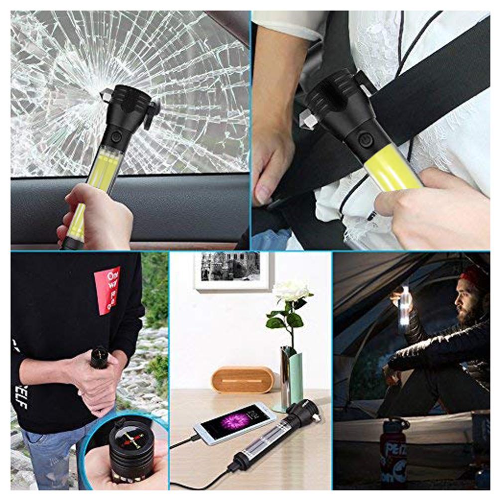 CRONY T09 Solar Usb Rechargeable Led Flashlight Solar Portable Hand Light Car Emergency Rescue Hammer Tool Safety Escape Hammer Compass - Edragonmall.com