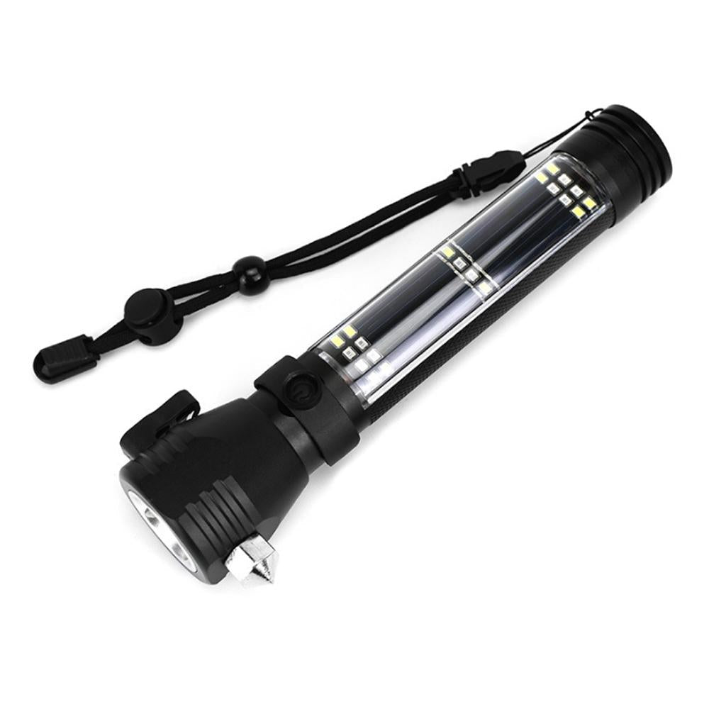 H04-T01 Solar Powered Tactical Flashlight Multi Function Outdoor Car LED Flashlight Ultra Bright Torch Light, with Safety Hammer and Compass - Edragonmall.com