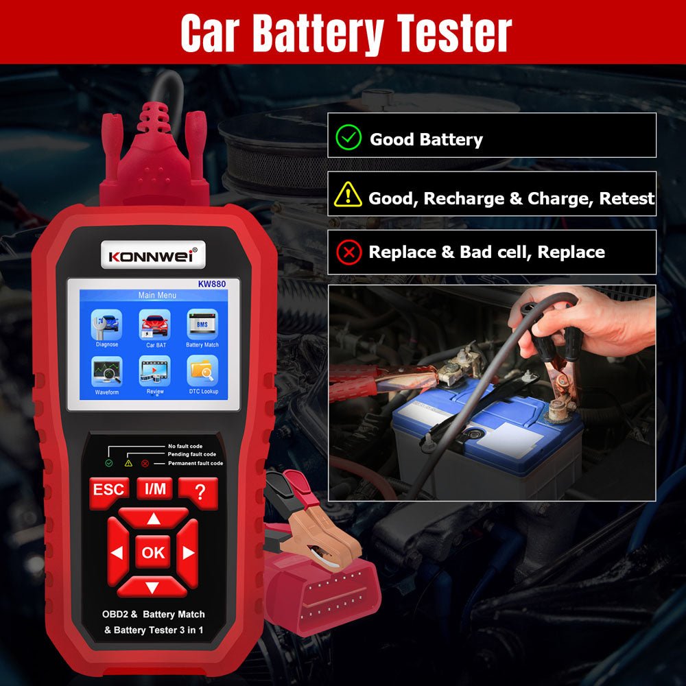 KONNWEI KW880 Battery Tester Car OBDII Battery Match Reset Tool OBDII Diagnostic Fault Scanner For 6V-12V Auto Motorcycle - Edragonmall.com