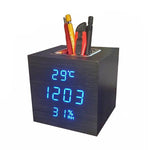 Wooden Cube Electronic Clock, Multifunction Alarm Clock with Light and Stand for Pens -vst-878s - Edragonmall.com