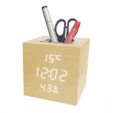 Wooden Cube Electronic Clock, Multifunction Alarm Clock with Light and Stand for Pens -vst-878s - Edragonmall.com